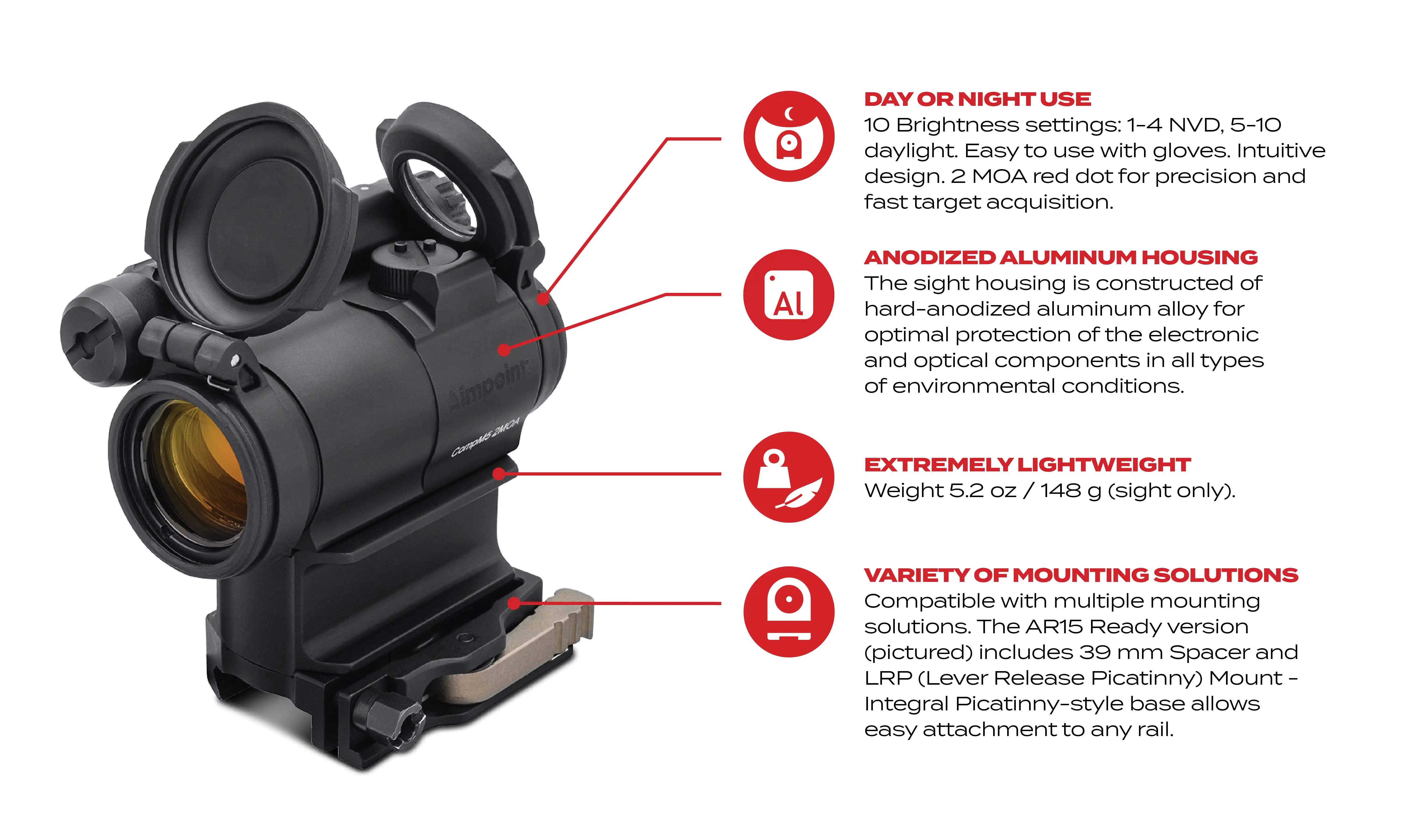 Aimpoint CompM5 Red Dot Sight 30mm Tube 1x 2 MOA Dot Matte